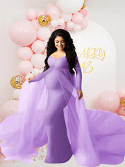 Maternity Long Sleeves Floor Length Mesh Dress Pregnant Dress With Long Train For Shooting Baby Baptism Party
