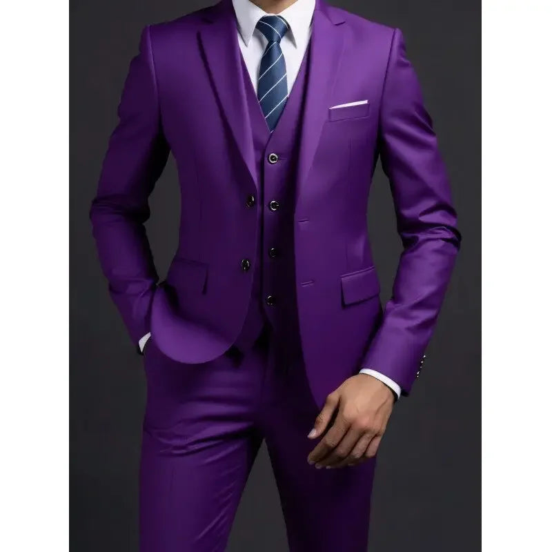 Men's stylish British-style suit with blazer, vest, and trousers for business, casual, or wedding occasions, shown in solid color.