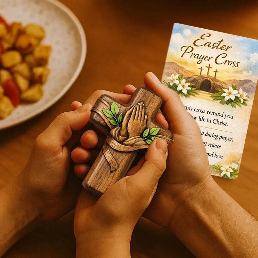 Small wooden pocket prayer cross with card and bag, ideal for Easter, Christmas, and church favors, by Showlu Fashion Store.