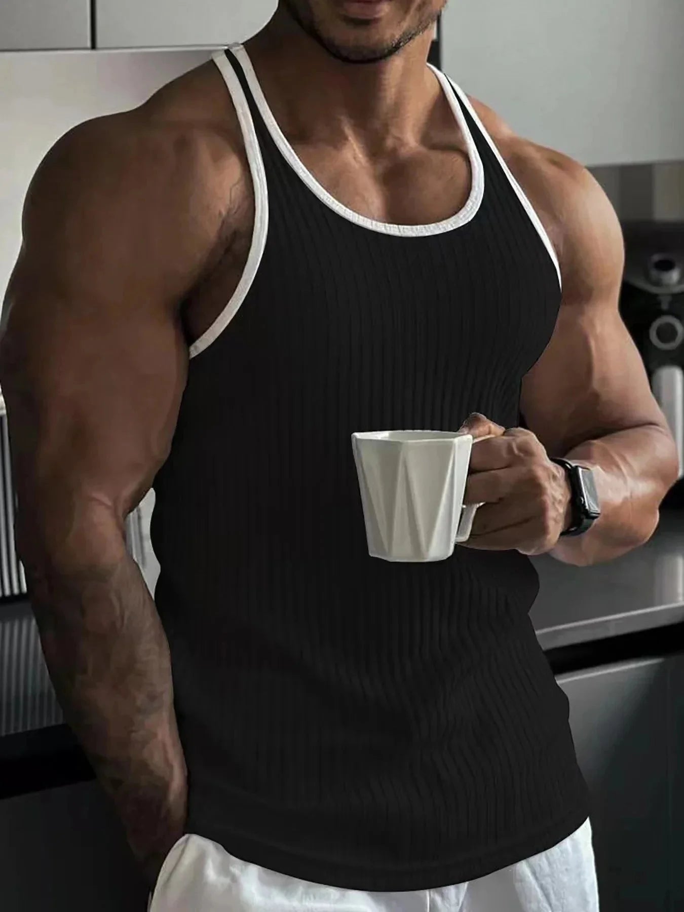 Men's quick-dry sleeveless gym tank top with vertical stripes by Showlu Fashion, ideal for active workouts and athletic wear.