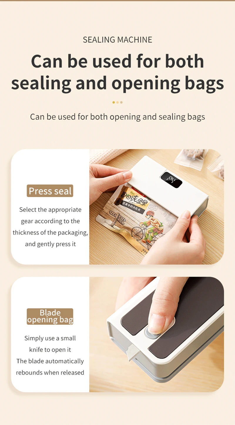 Showlu Smart General mini bag sealer in black, showing a close-up of the handheld device used for sealing plastic bags.