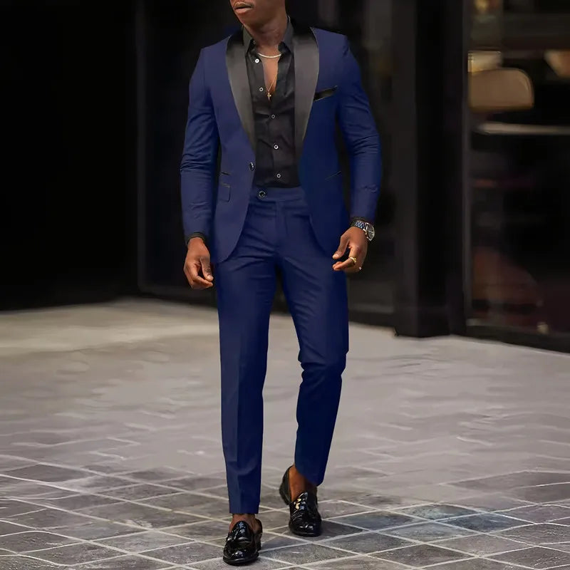Slim fit men's wedding and business suit set with single-button jacket and matching pants, stylish and tailored by Showlu Fashion Store.