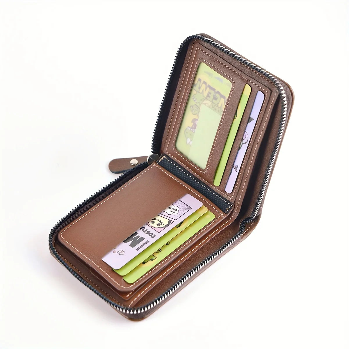 Men's PU wax oil leather wallet with zipper, coin purse, card holder, and money compartment, designed for men.