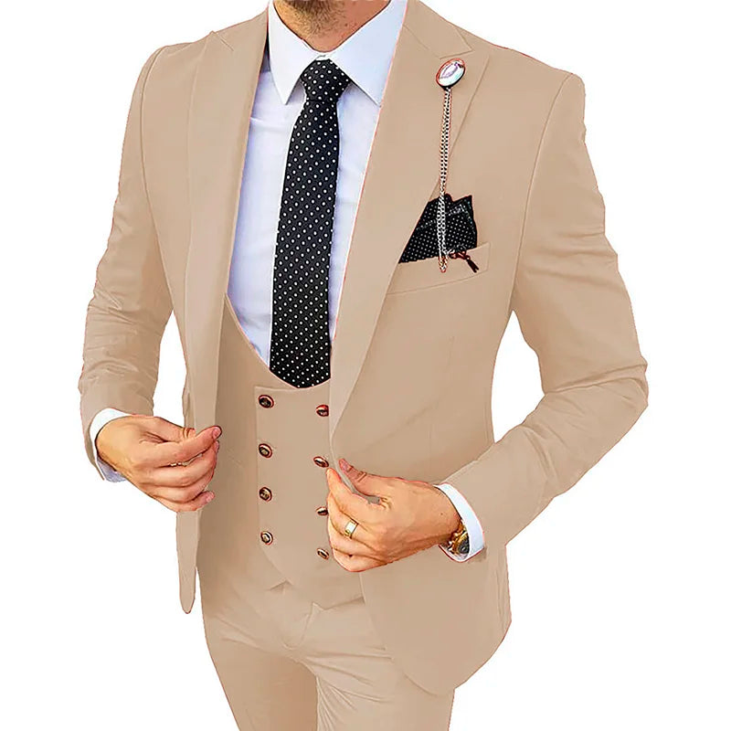 Formal men's 3-piece wedding suit by Showlu Fashion, slim fit champagne tuxedo with blazer, pants, and vest for groom or business wear.