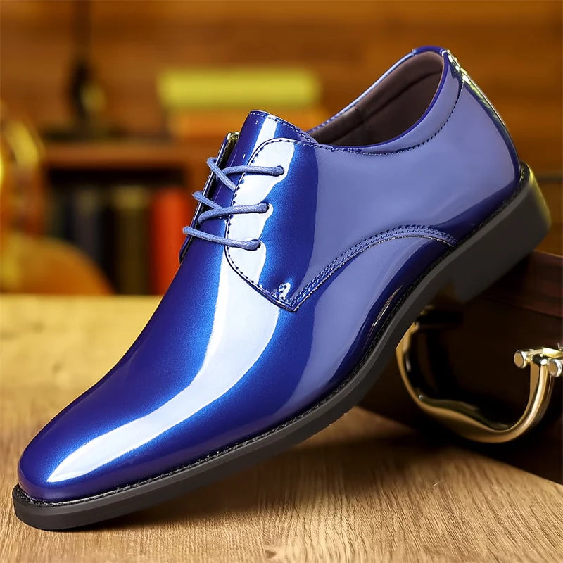 Men's pointed toe dress shoes in red PU leather with lace-up design, stylish social footwear by SOVOB.