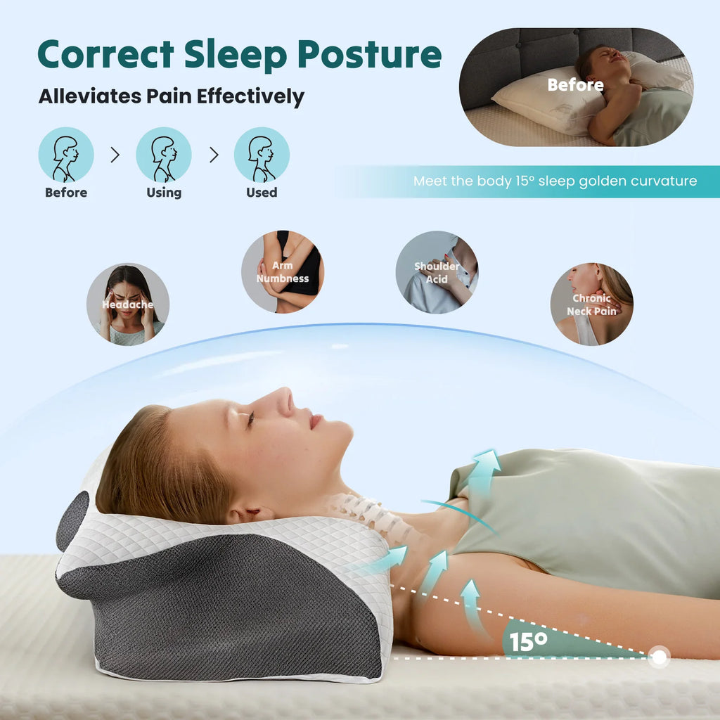 Showlu Fashion Store JHK ergonomic cervical neck pillow with memory foam contour and cooling cover for neck support and comfort.