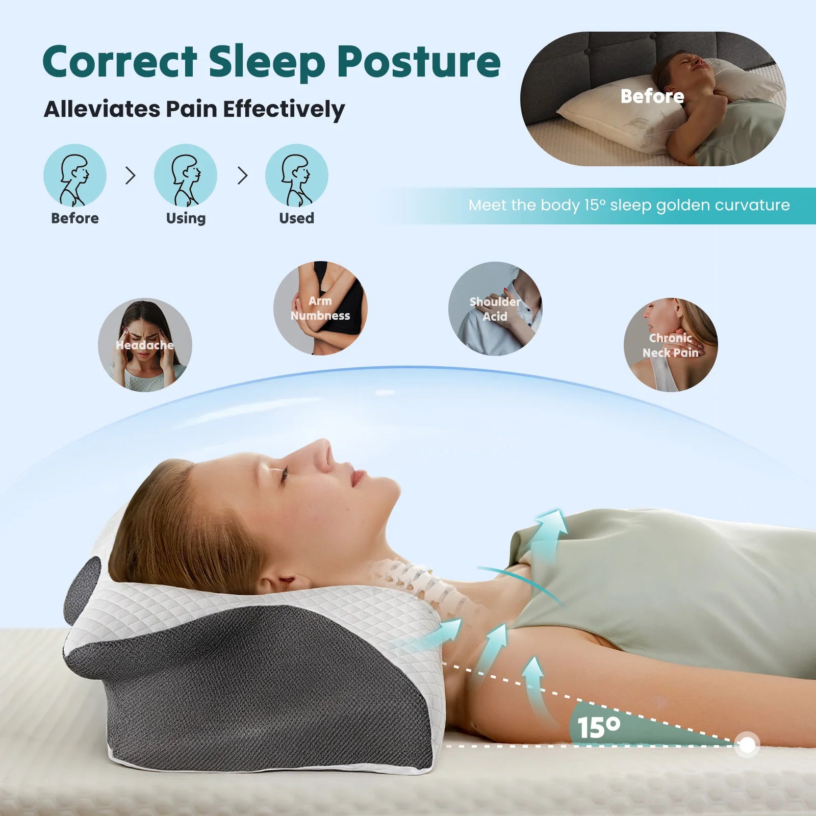 Showlu Fashion Store JHK ergonomic cervical neck pillow with memory foam contour and cooling cover for neck support and comfort.