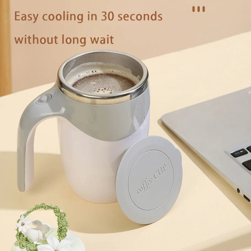 Magnetic stainless steel XMSJ automatic stirring coffee mug with black exterior and sleek design, ideal for easy, mess-free coffee mixing.