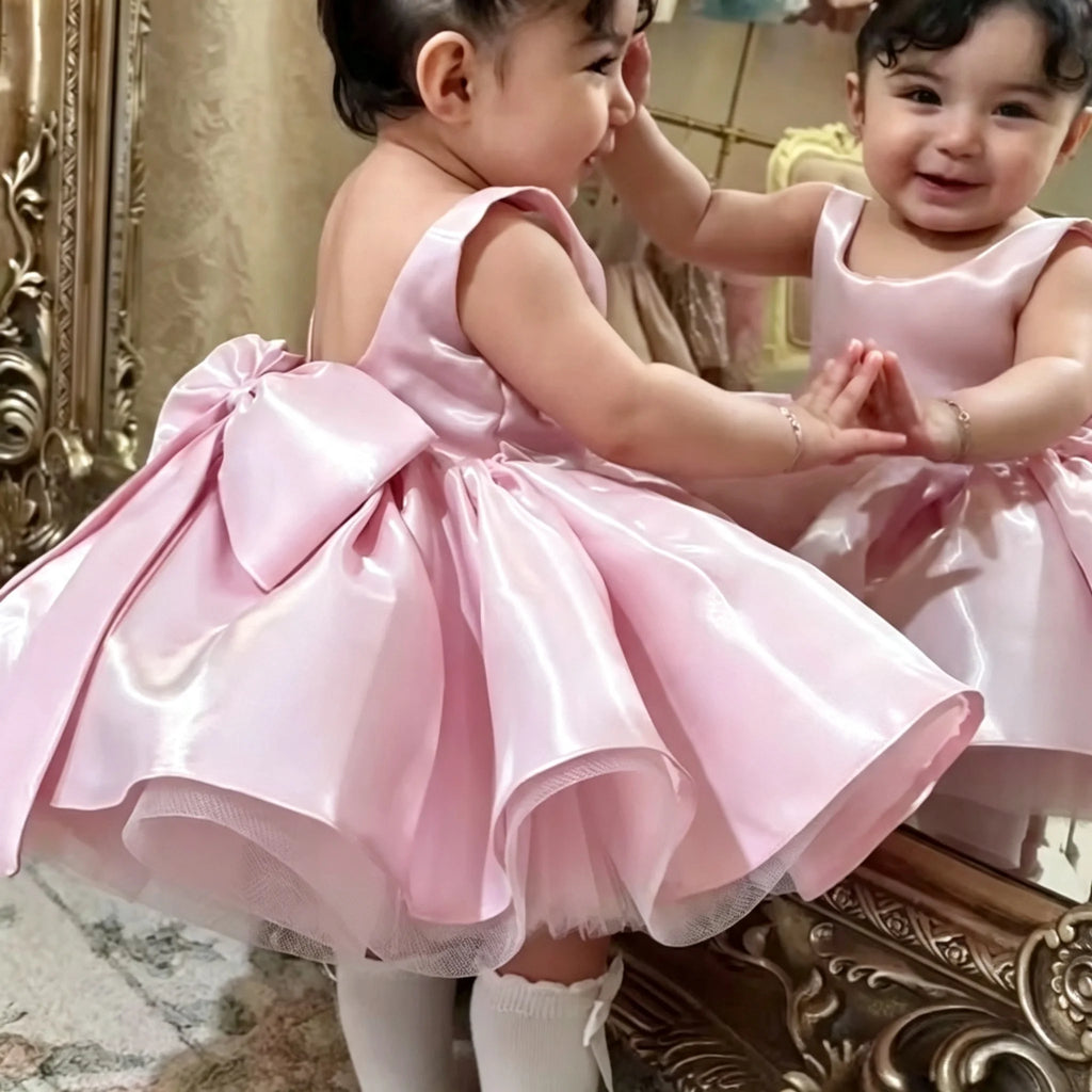 Baby Girl Satin Flower Girl Dress Low Back Thin Straps Bow Luxury Princess Gown Toddler 1st Birthday Baptism Wedding Party Dress