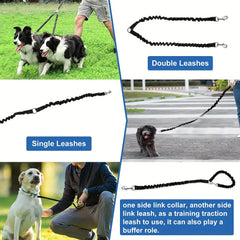 A black shock-absorbing bungee dog leash that can be configured for single or double use.