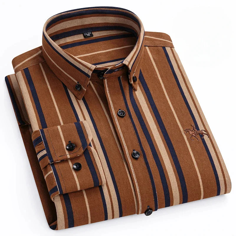 Men's slim fit casual long-sleeve shirt by Qi Xiu Cai, 100% cotton, in 6XL size, shown in a stylish casual wear setting.