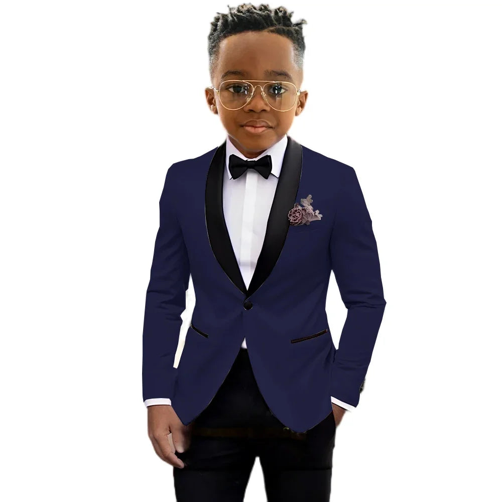 Boy's formal blazer and pants suit set by Showlu Fashion, suitable for weddings, birthdays, and stage performances for ages 2-16.