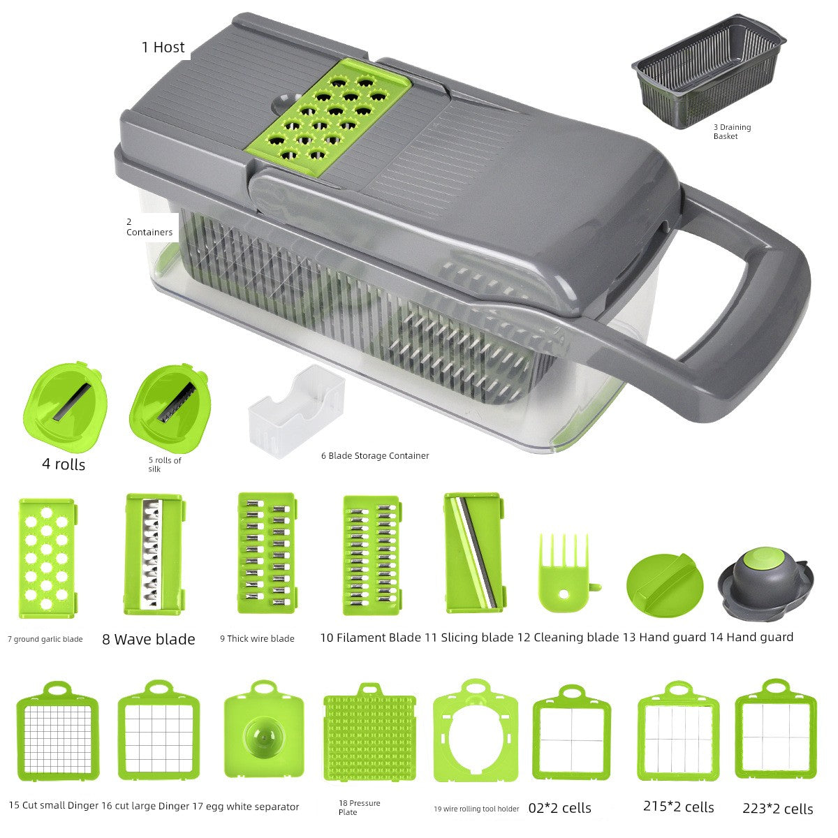 Showlu Multi-Functional Vegetable Cutter and Slicing Set with various blades for dicing and slicing vegetables.