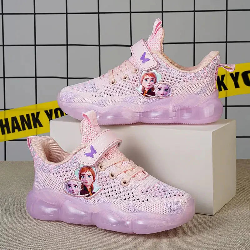 Pink Disney Frozen Elsa girls' mesh running shoes with breathable design and Frozen-themed details, perfect for active kids.