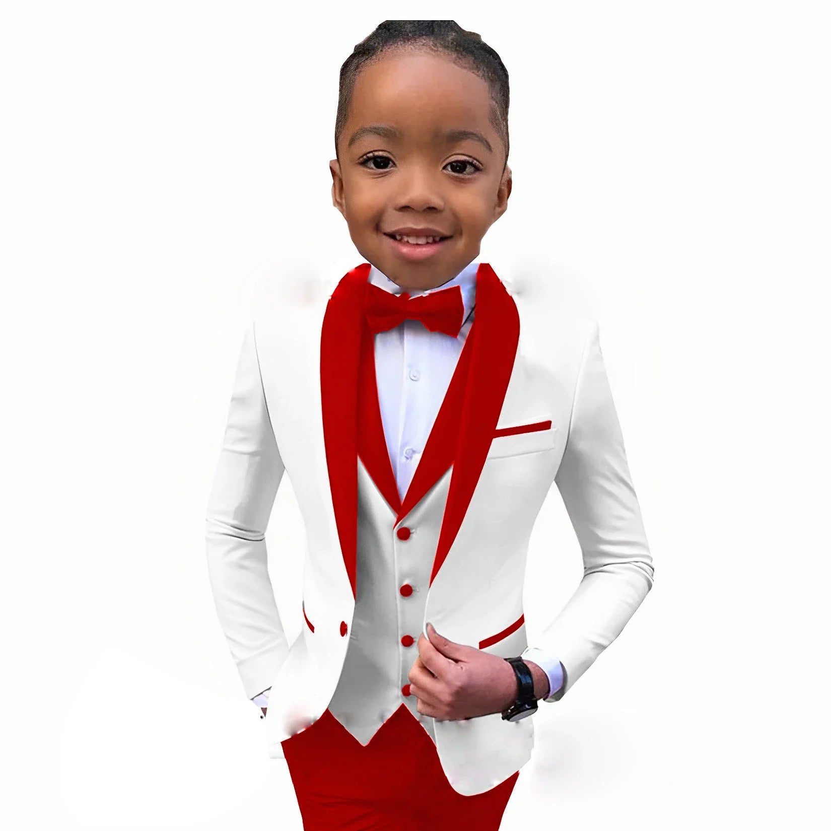 White boys' tuxedo jacket with royal blue collar, part of a 3-piece wedding suit for children aged 2-16, formal party attire.