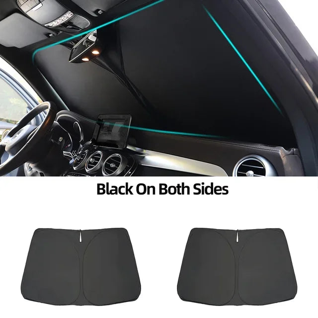 Magnetic car sunshade by Showlu Fashion Store showing a close-up of the black sunshade attached to a vehicle window.