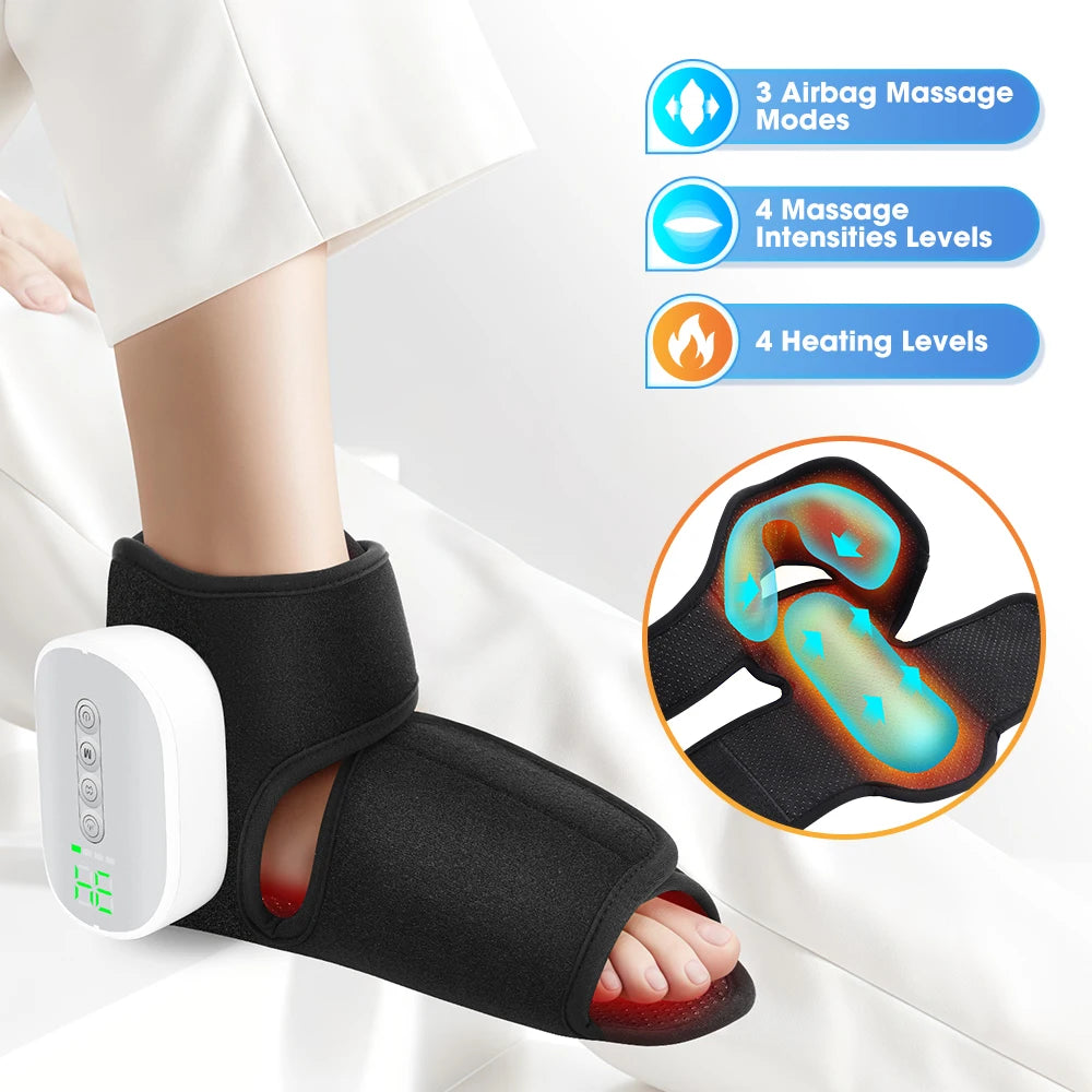 Electric foot and ankle massager wrap with heating, vibration, and compression support for pain relief and relaxation.