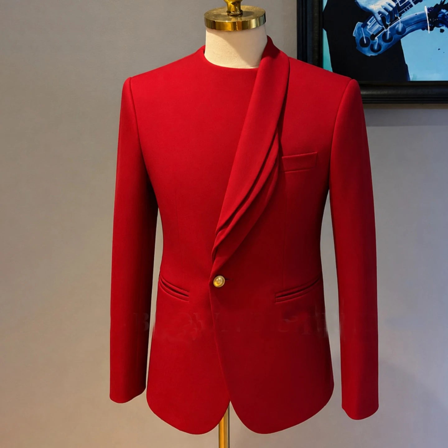 Men Red Single Button Suit Shawl Lapel Jacket Modern Party Elegant One Pcs Tuxedos High Quality Wedding Suits Formal Customized
