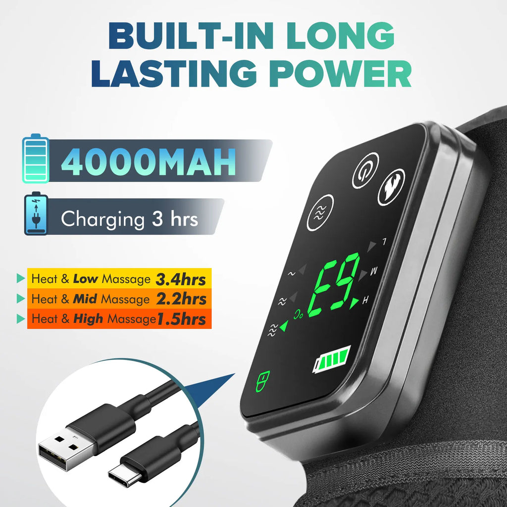 Showlu Electric Heating Knee Massager with vibration therapy for joint relief, featuring adjustable straps and soft padded design.