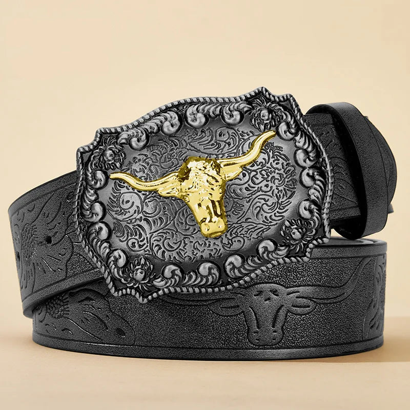 Western cowboy PU leather belt with vintage printed buckle for jeans, stylish accessory by Showlu Fashion Store