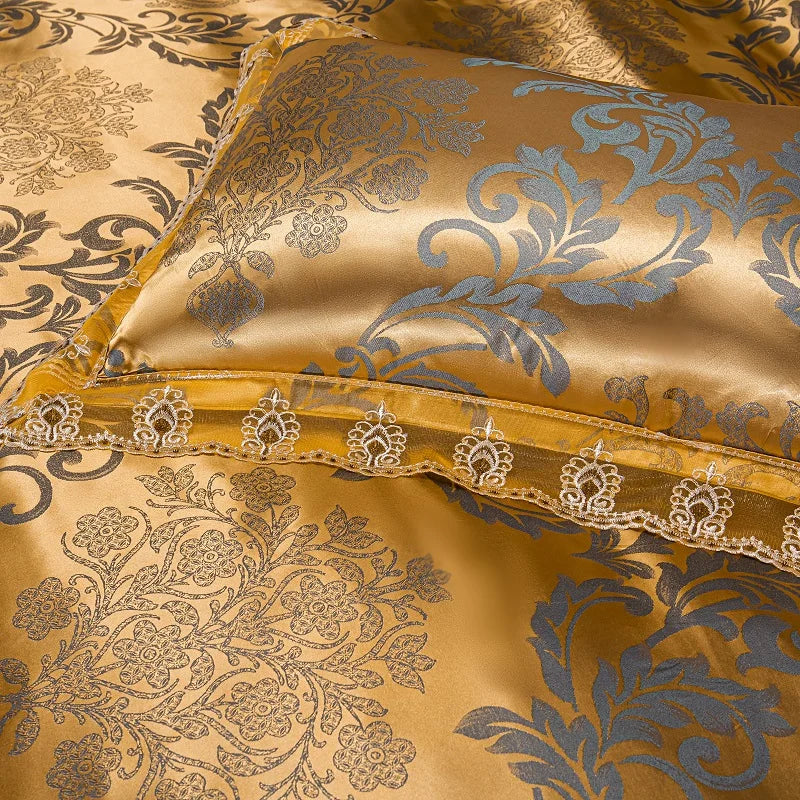 Luxury Euro Gold Satin Jacquard Lace Bedding Set Soft Silky Single Queen King Double Duvet Cover Set Bed Sheet Set Pillowcases