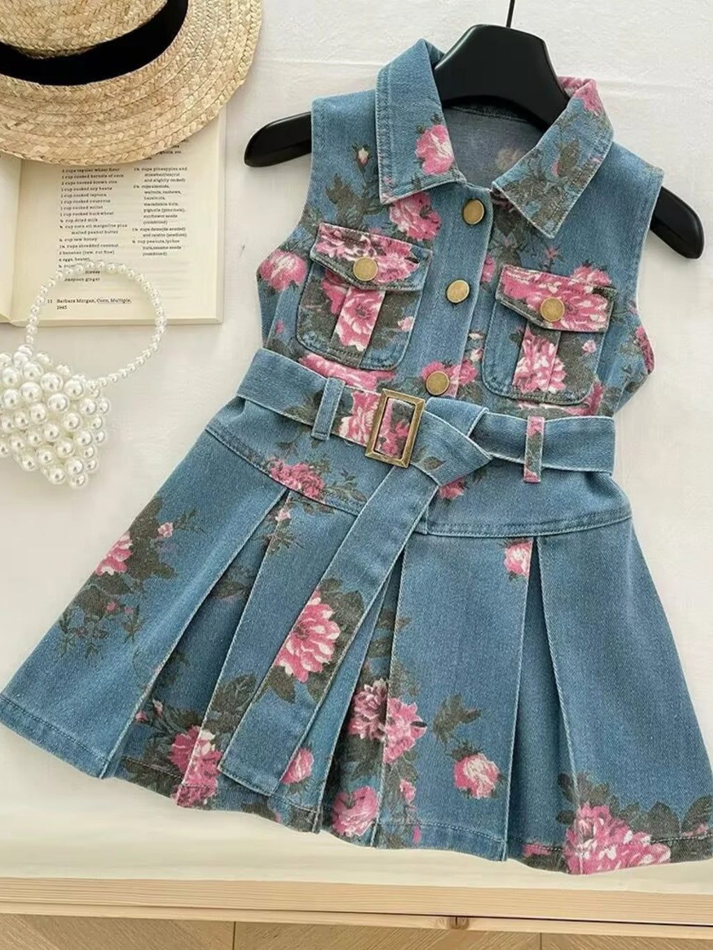 Girls Summer Denim Dress – Floral Print Collar & Belted A-Line Skirt, Korean Style Kids Fashion Princess Dress for Girls