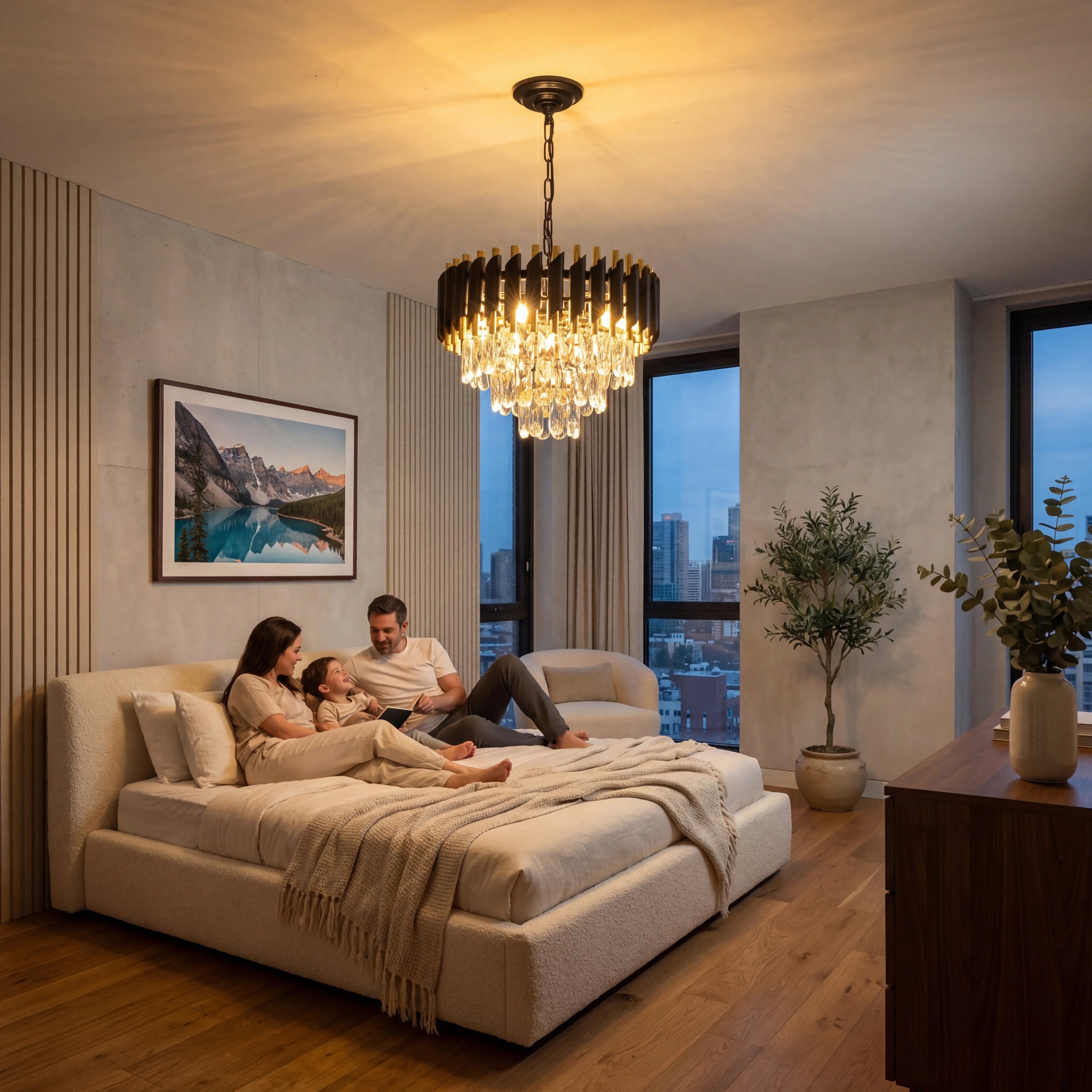 Modern black and gold crystal chandelier from Showlu featuring LED ceiling light with intricate crystal details and elegant design.