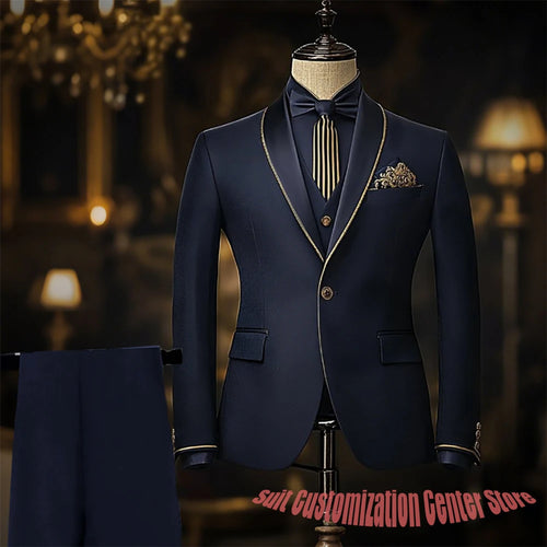 Navy blue men's slim fit wedding tuxedo with jacket, vest, and pants, featuring single-breasted shawl lapel, for groom or formal occasion