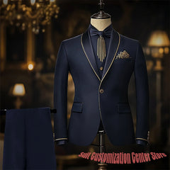 3 Pieces Jacket+Vest+Pants Navy Blue Suits for Man Slim Fit Single Breasted Shawl Lapel Wedding Groom Tuxedos Prom Costume Homme