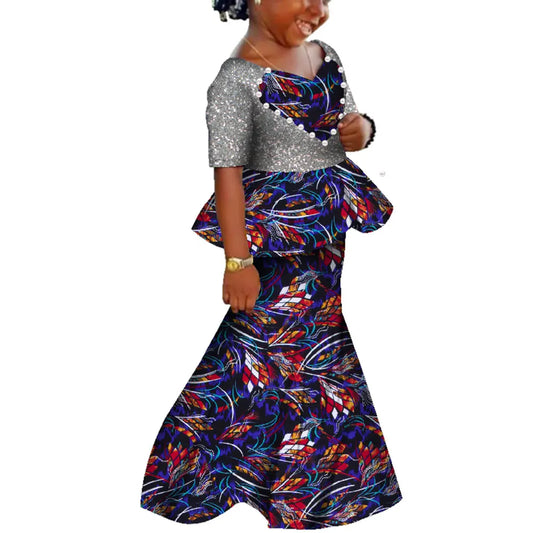 African Kids Dresses African Dashiki Print Cotton Wax Matching Dresses Africa Children Summer Plus Size Clothing WYT529