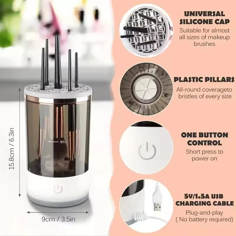 Showlu Smart Electric Makeup Brush Cleaner with USB, automatic deep cleaning for makeup brushes, compact and easy to use.