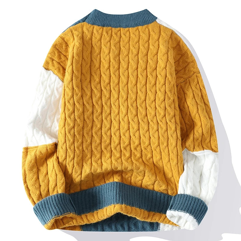 Men's patchwork knit sweater featuring a loose fit, warm winter fashion, casual streetwear style, in high-quality knitting.
