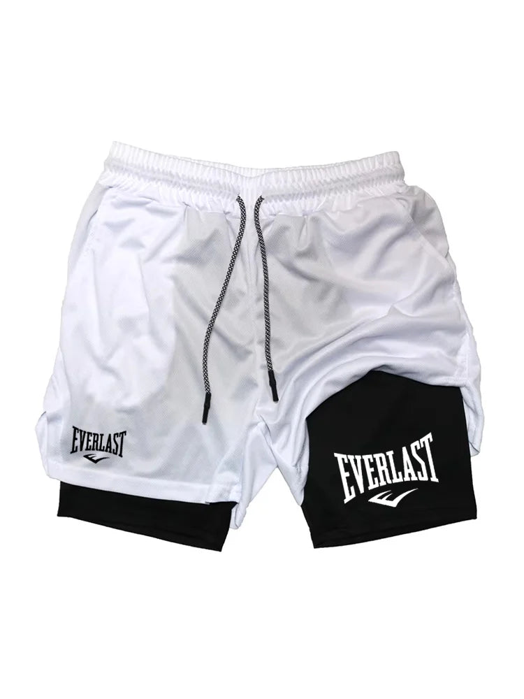 Men's double-deck running shorts by Showlu Fashion, lightweight sport shorts featuring inner lining for gym, fitness, and jogging.