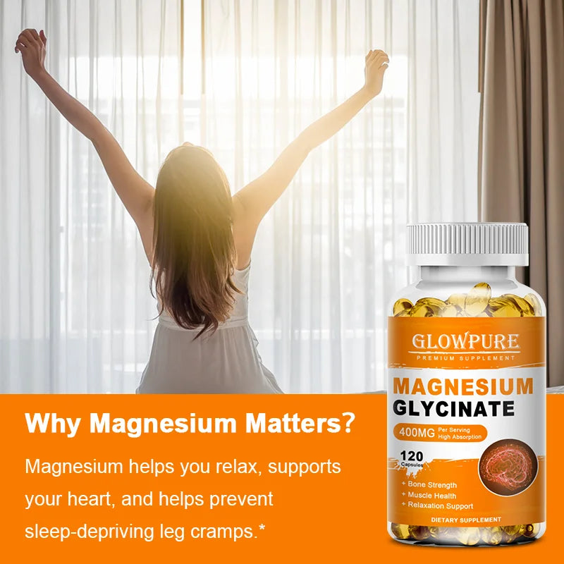 Magnesium Glycinate 400mg for Sleep, Brain, Nervous System, Bone, Muscle, Relieve Anxiety Heart Health, Stress & Anxiety Relief