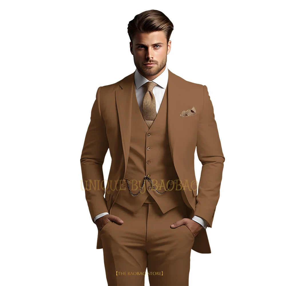 Men's grey 3-piece suit by Showlu Fashion Store, includes jacket, vest, and trousers, ideal for weddings and formal events.