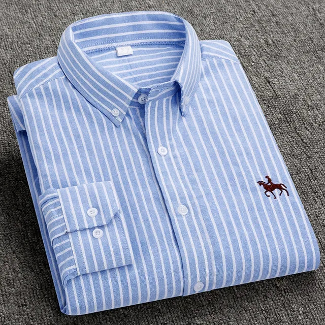 White men's casual cotton oxford shirt with long sleeves, embroidery horse design, regular fit, button-up, classic dress shirt style