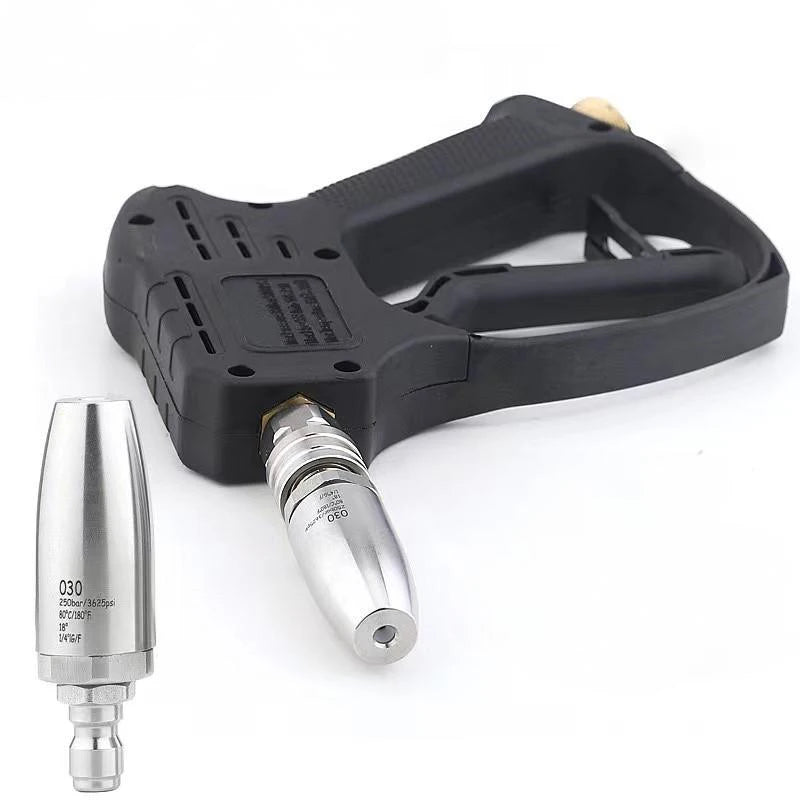 Showlu Smart General Turbo Jet Nozzle attached to garden hose, showcasing high-pressure water spray for cleaning tasks.