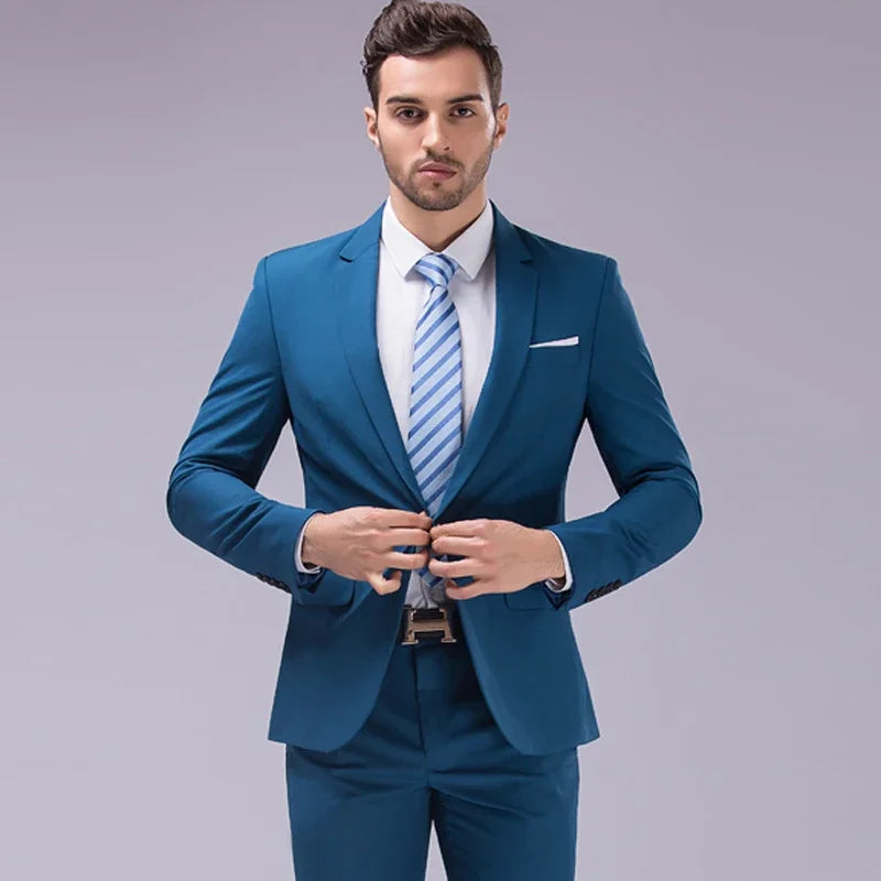 Solid color men's blazer and trousers set, casual and official fashion suit for office, business, or wedding occasions.
