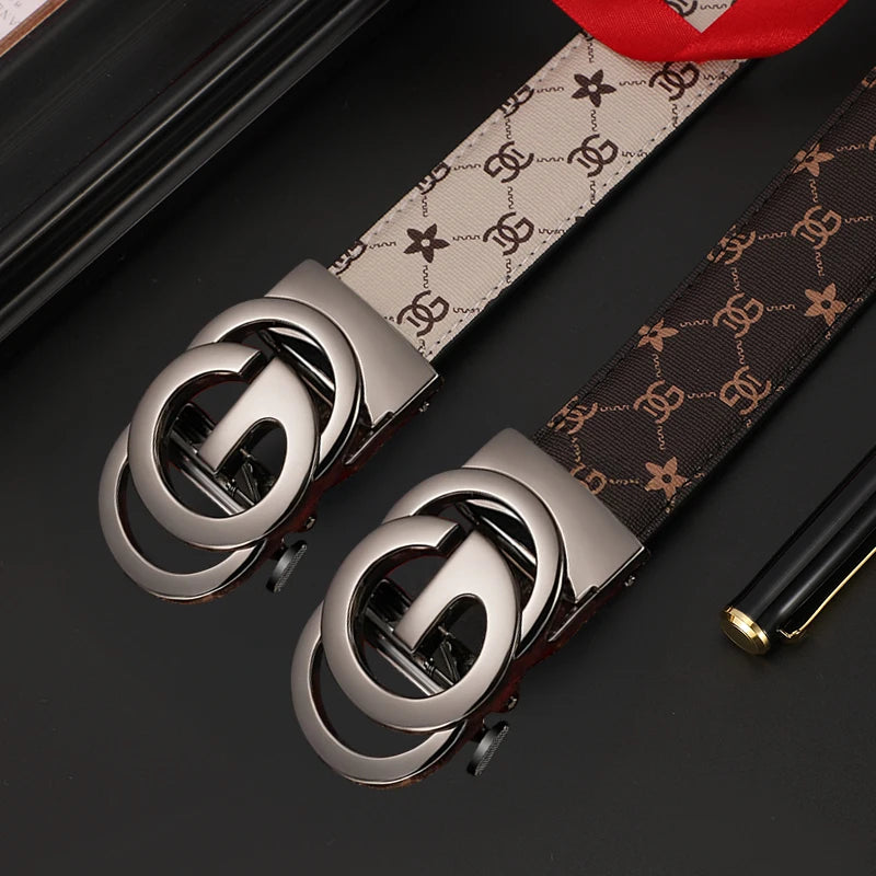 Men's genuine leather belt with metal alloy automatic buckle, luxury design, stylish waist strap for men.
