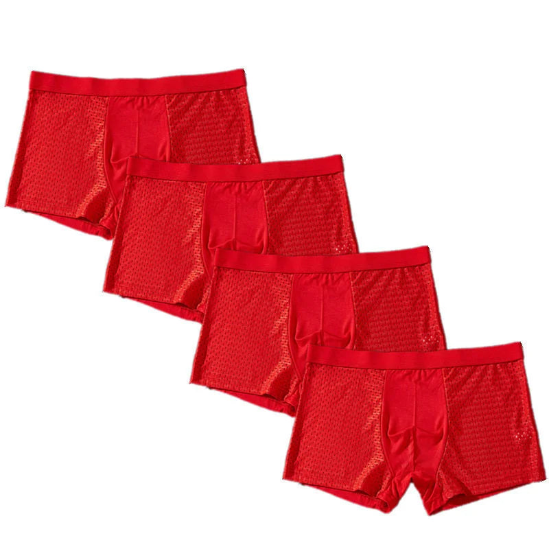 Showlu Men's Ice Silk Boxer Briefs 4-Pack, breathable mesh underwear with a comfortable fit, shown in a close-up image