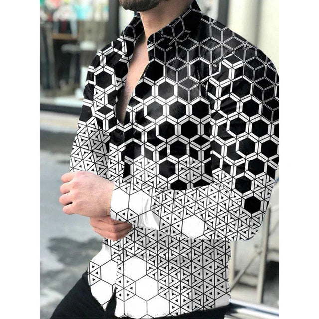 Hawaiian luxury designer men's long sleeve shirt with floral 3D print, single-breasted casual top by Showlu Fashion.