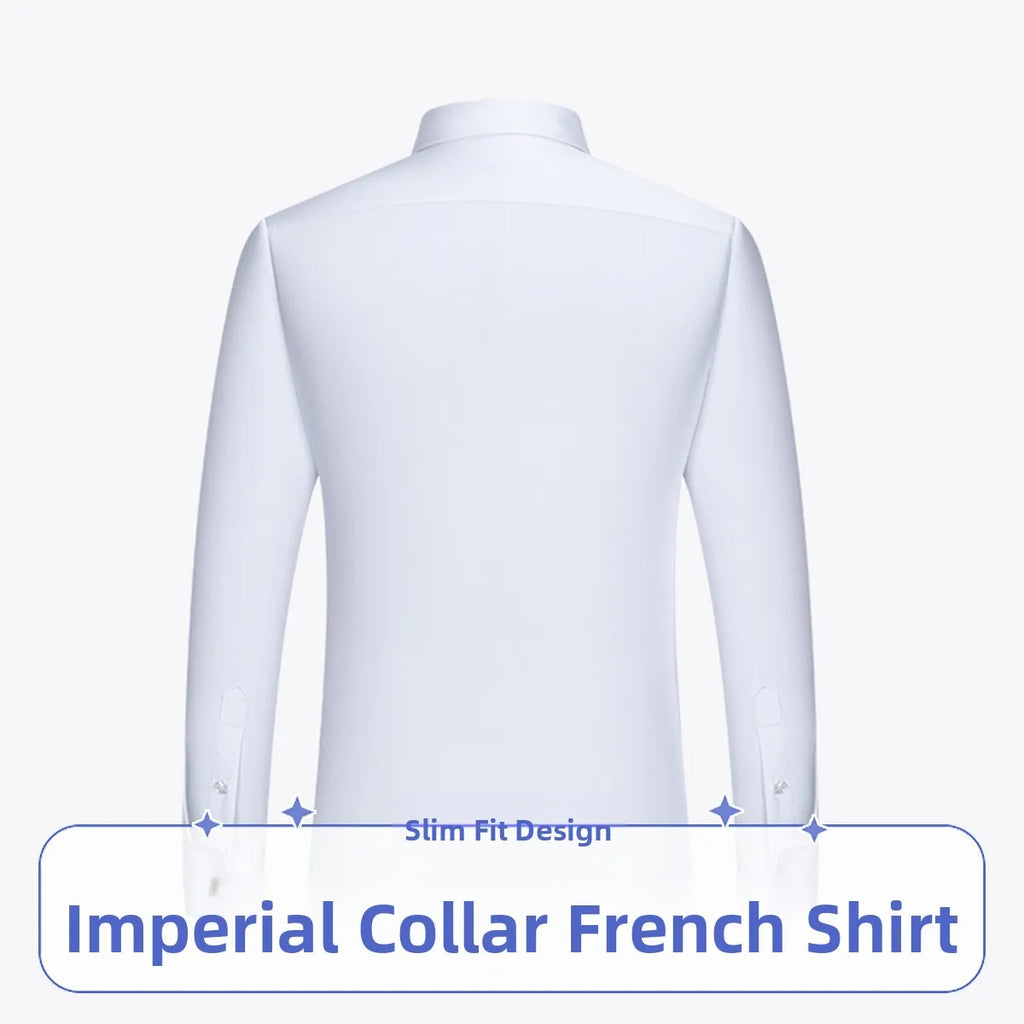 Slim fit white men's shirt with empire collar, cufflinks, and sharp point design, ideal for casual and business wear.
