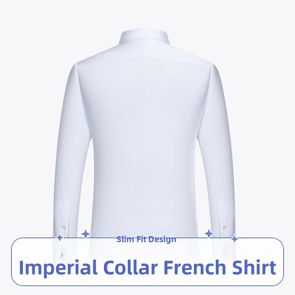 Slim fit white men's shirt with empire collar, cufflinks, and sharp point design, ideal for casual and business wear.