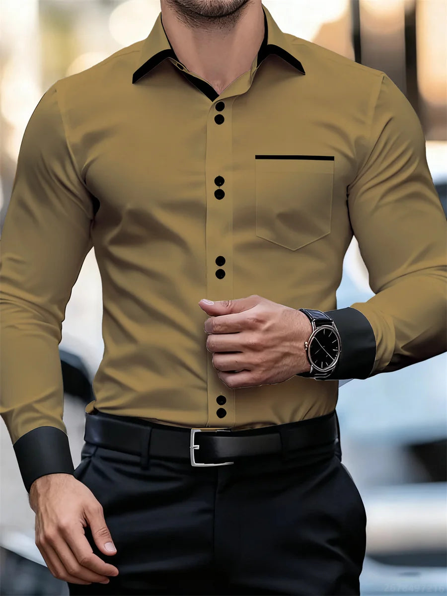 Men's black and white color block collar long sleeve shirt with slim fit and wrinkle-free fabric, featuring patchwork design.