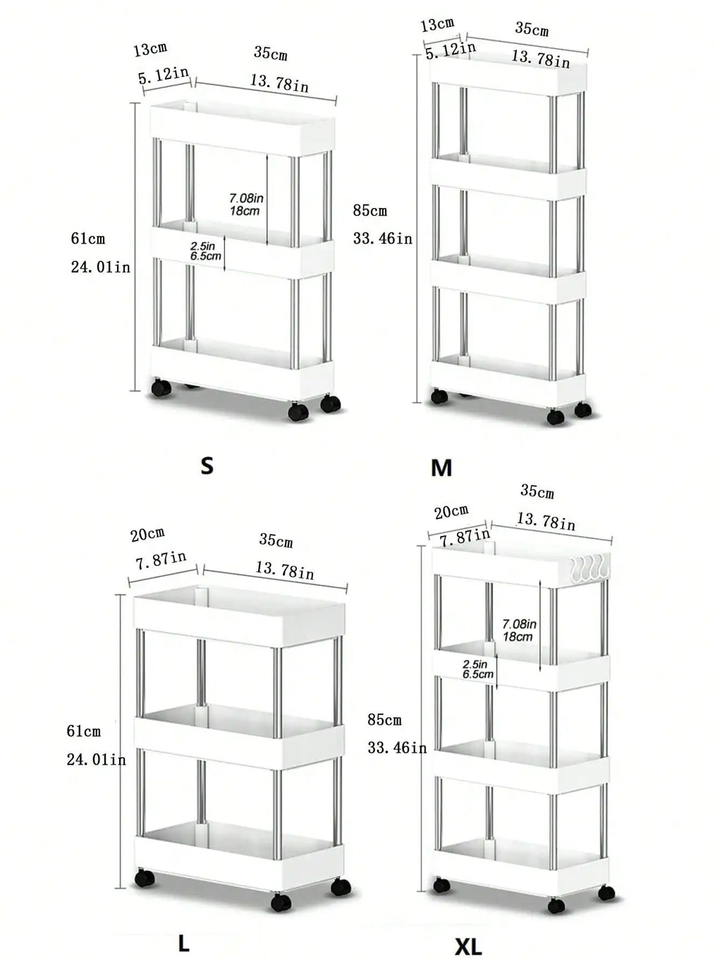 Showlu 3/4 tier rolling utility cart with slim plastic shelves, ideal for storage and organization in homes or offices