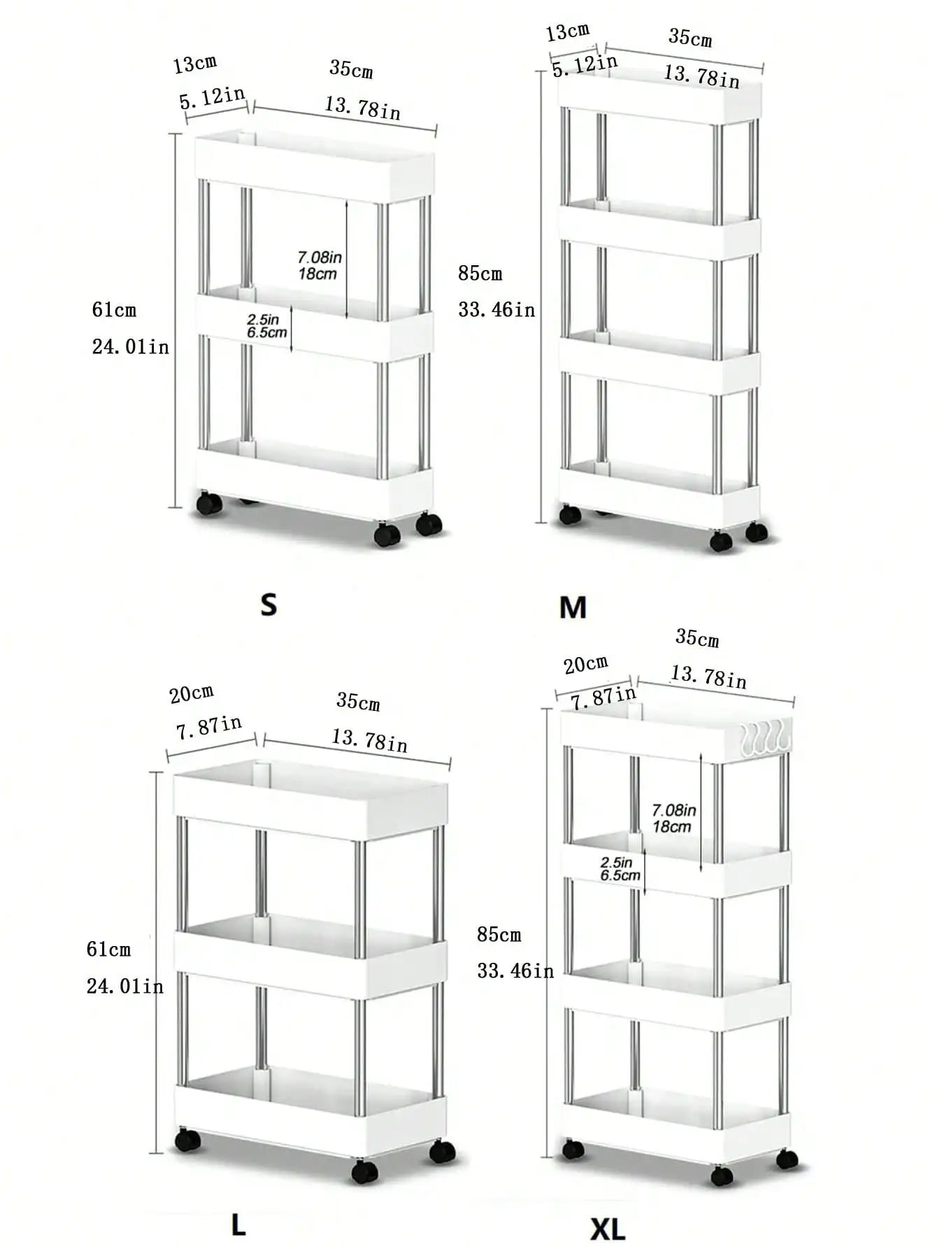 Showlu 3/4 tier rolling utility cart with slim plastic shelves, ideal for storage and organization in homes or offices