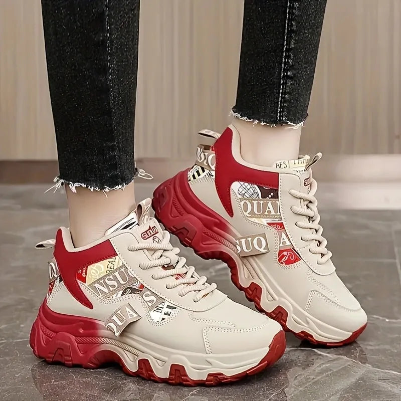 Korean edition women's spring and summer dad shoes with color block design, breathable material, thick soles, and height increase features.