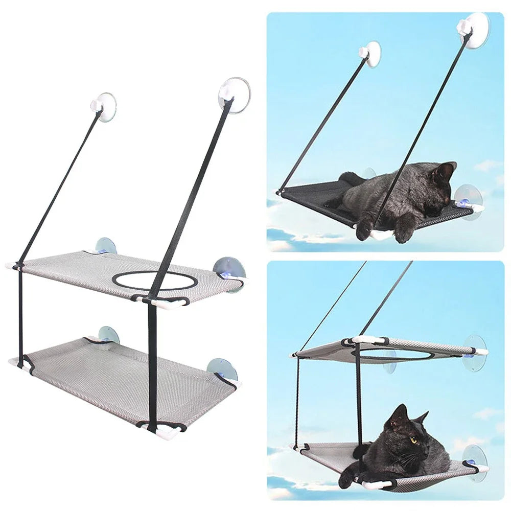 Showlu Double Decker Cat Window Hammock made of Oxford cloth, featuring a cozy hanging bed for cats to lounge and enjoy sunlight.