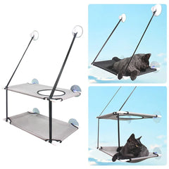 A double-decker cat hammock with suction cups for mounting on a window.
