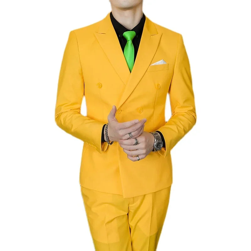 Men's slim fit double-breasted 2-piece suit by Showlu Fashion for business and wedding occasions, shown in navy color.